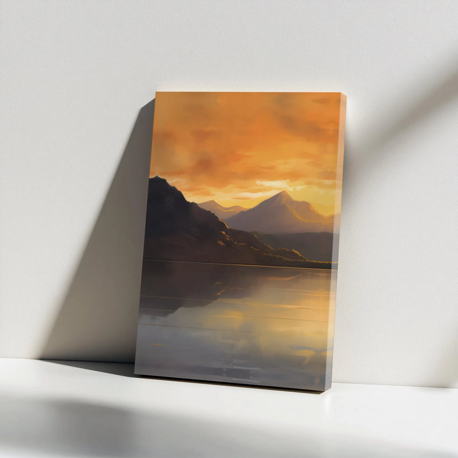Mountain Landscape Wall Art | Golden Sunset Lake Reflection | Gallery Wrapped Premium Canvas | Modern Nature Decor for Living Room