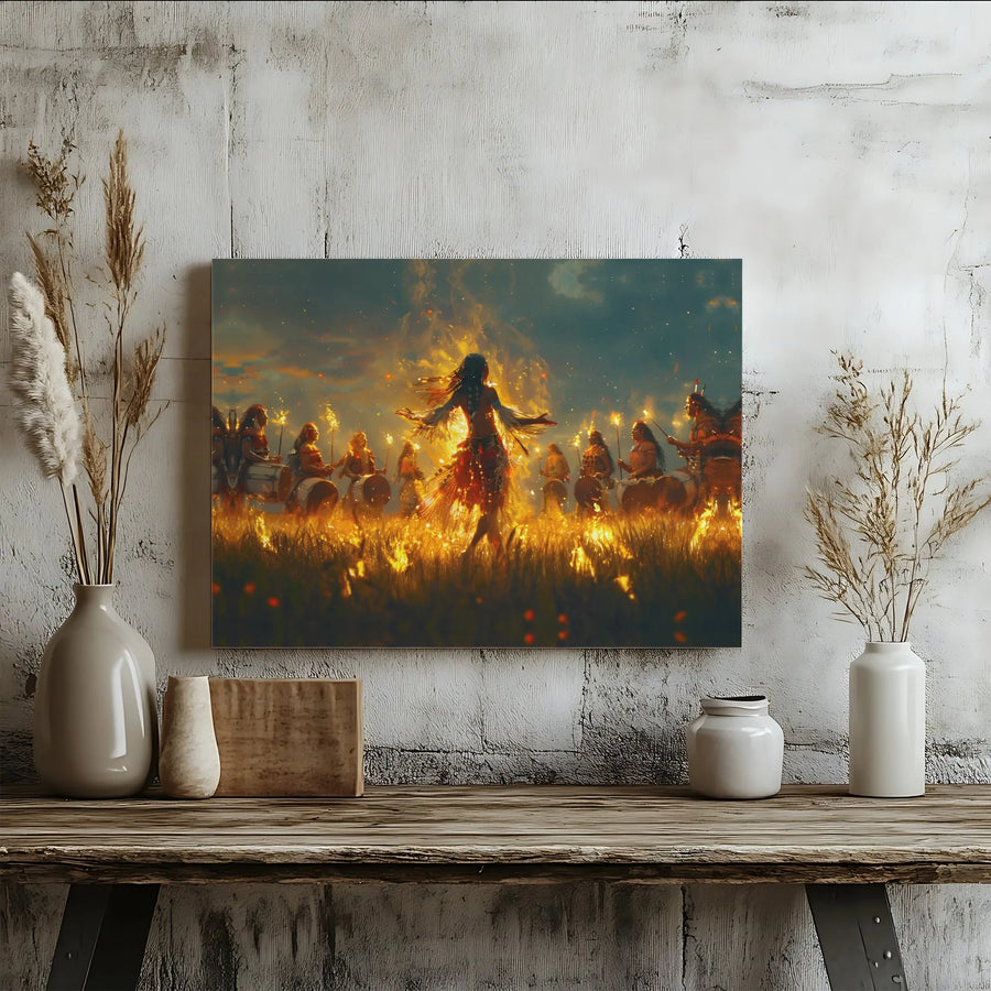 Tribal Fire Dance Canvas Art | Spiritual Ceremony with Drummers | Premium Fade-Resistant Print | Boho & Spiritual Home Decor Gift