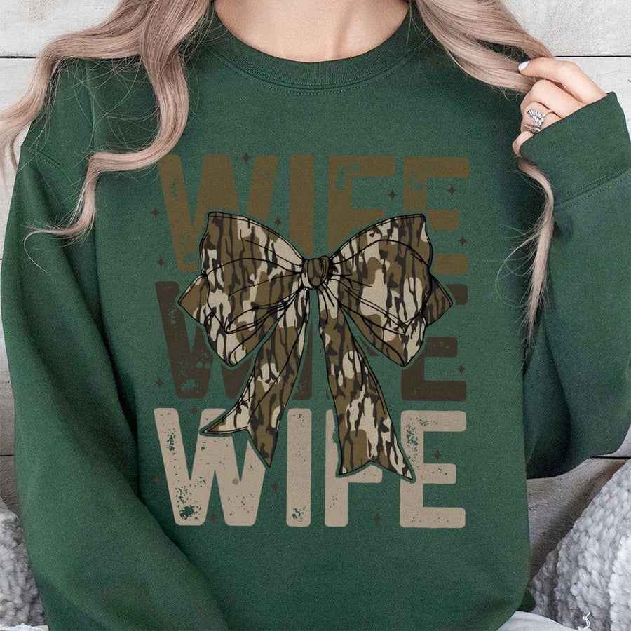 Wife Camo Bow Sweatshirt | Trendy Country Girl Aesthetic | Premium Cotton Blend | Gift for Hunting Wife and Outdoor Lovers