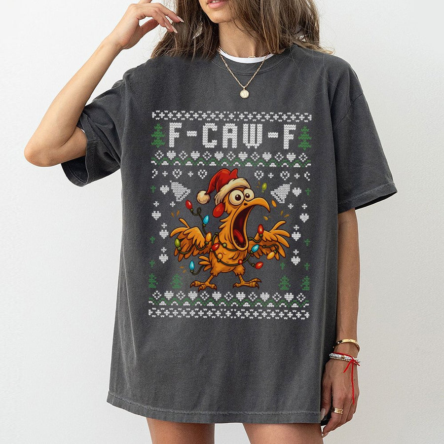 F-Caw-F Ugly Christmas T-Shirt | Funny Chicken Holiday Graphic Design | 100% Soft Cotton Premium Tee | Humorous Xmas Party Gift for Men and Women