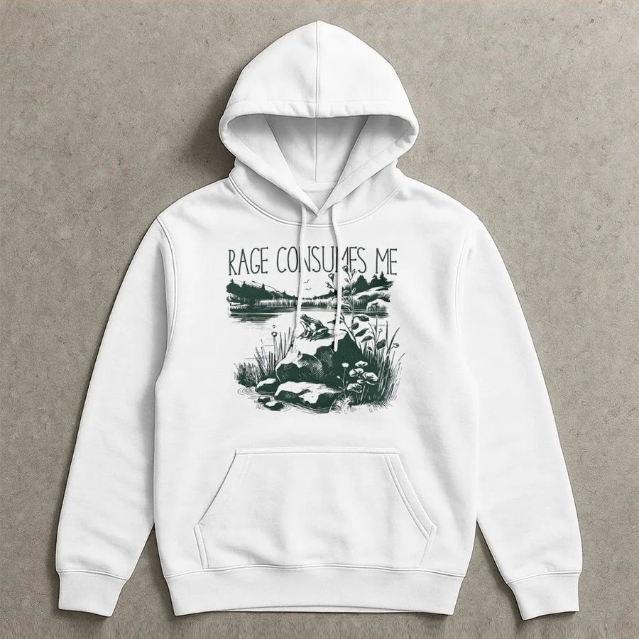 Rage Consumes Me Frog Hoodie | Funny Retro Nature Meme Graphic | Premium Unisex Pullover | Sarcastic Gift for Gen Z Men Women