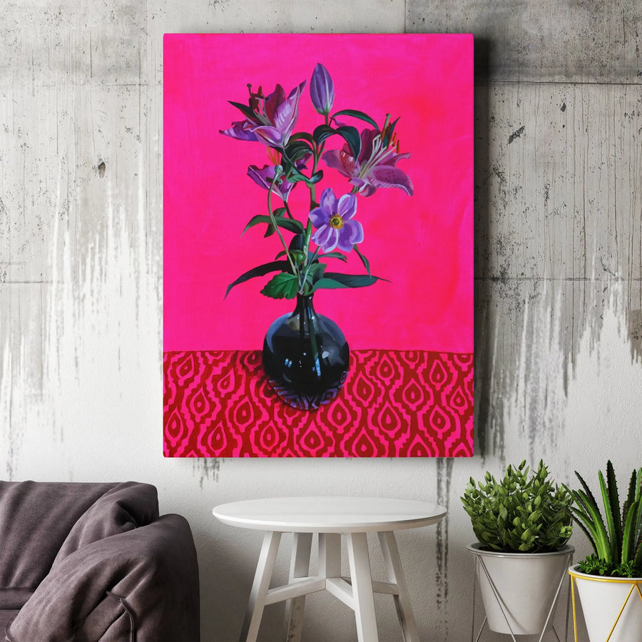 Pink Lily Canvas Wall Art | Vibrant Floral Still Life with Ikat Pattern | Premium Gallery Wrapped Canvas | Modern Eclectic Home Decor Gift
