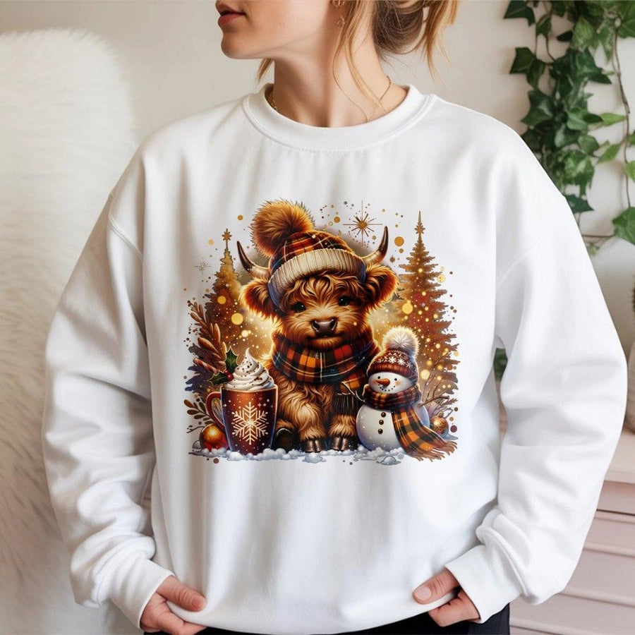 Highland Cow Christmas Sweatshirt | Cute Winter Animal Design with Snowman & Cocoa | Premium Soft Cotton Blend | Holiday Gift for Animal Lovers