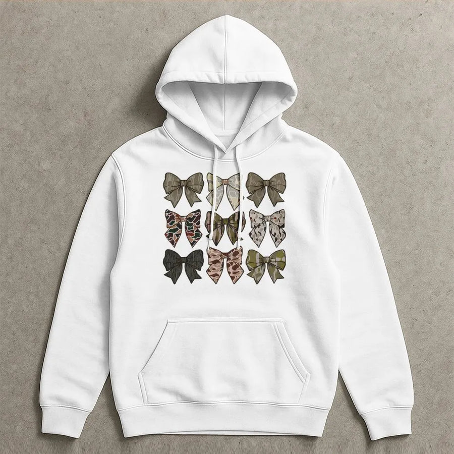 Camo Bow Hoodie | Trendy Girly Camouflage Aesthetic Print | Premium Soft Cotton Blend | Cute Southern Style Gift for Women and Teens