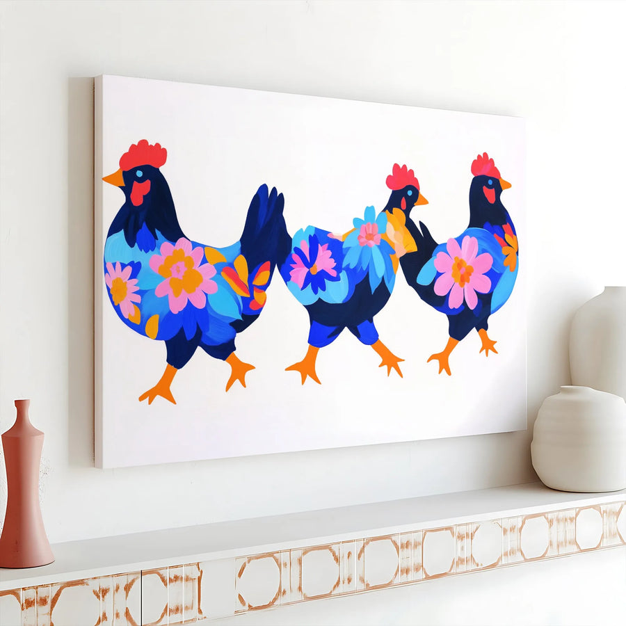 Floral Chicken Canvas Print | Modern Farmhouse Wall Art | Gallery Wrapped Premium Canvas | Whimsical Colorful Animal Decor for Kitchen or Nursery