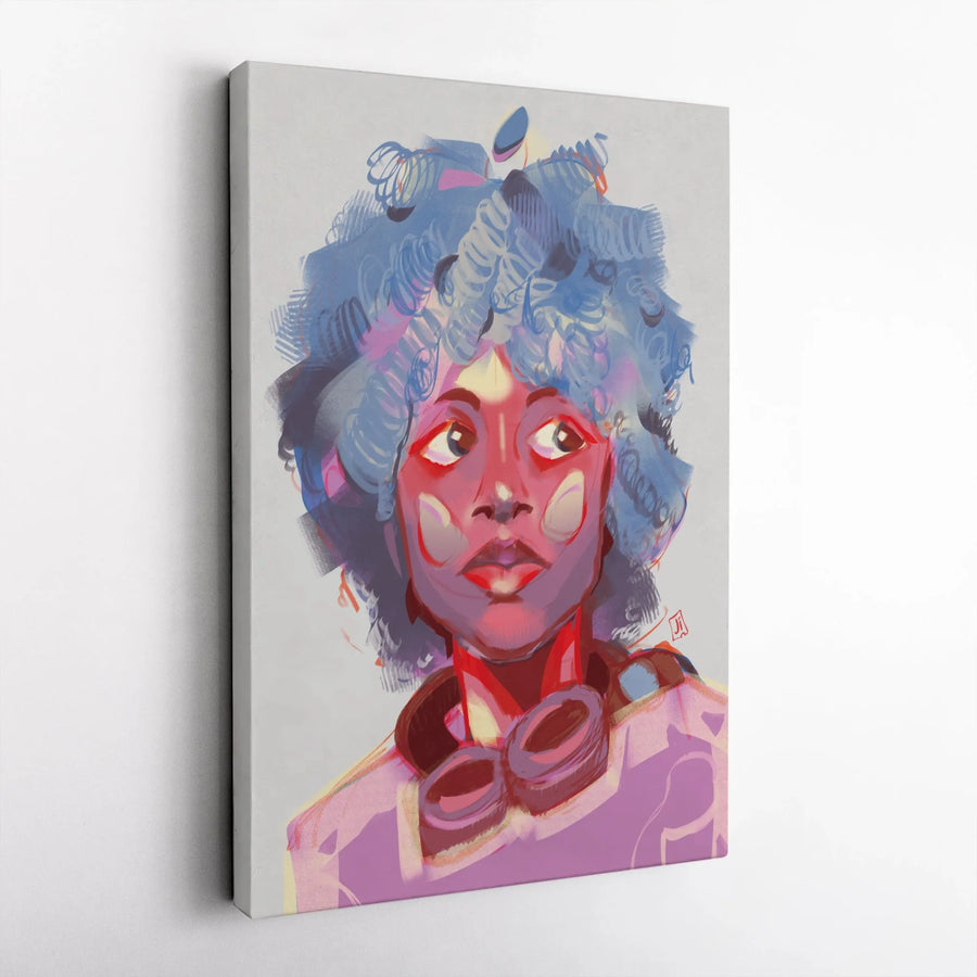 Abstract Portrait Canvas Print | Woman With Blue Hair & Headphones | Gallery Wrapped Premium Wall Art | Contemporary Music Lover Gift