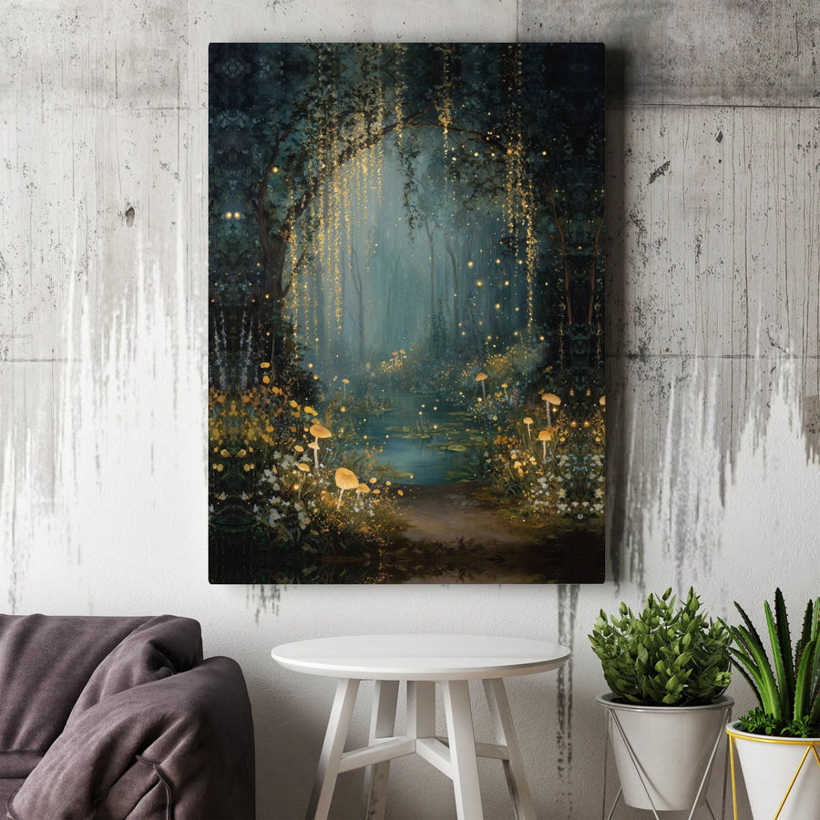 Enchanted Forest Canvas Wall Art | Glowing Mushroom & Firefly Print | Premium Fade-Resistant Print | Whimsical Fantasy Room Decor Gift