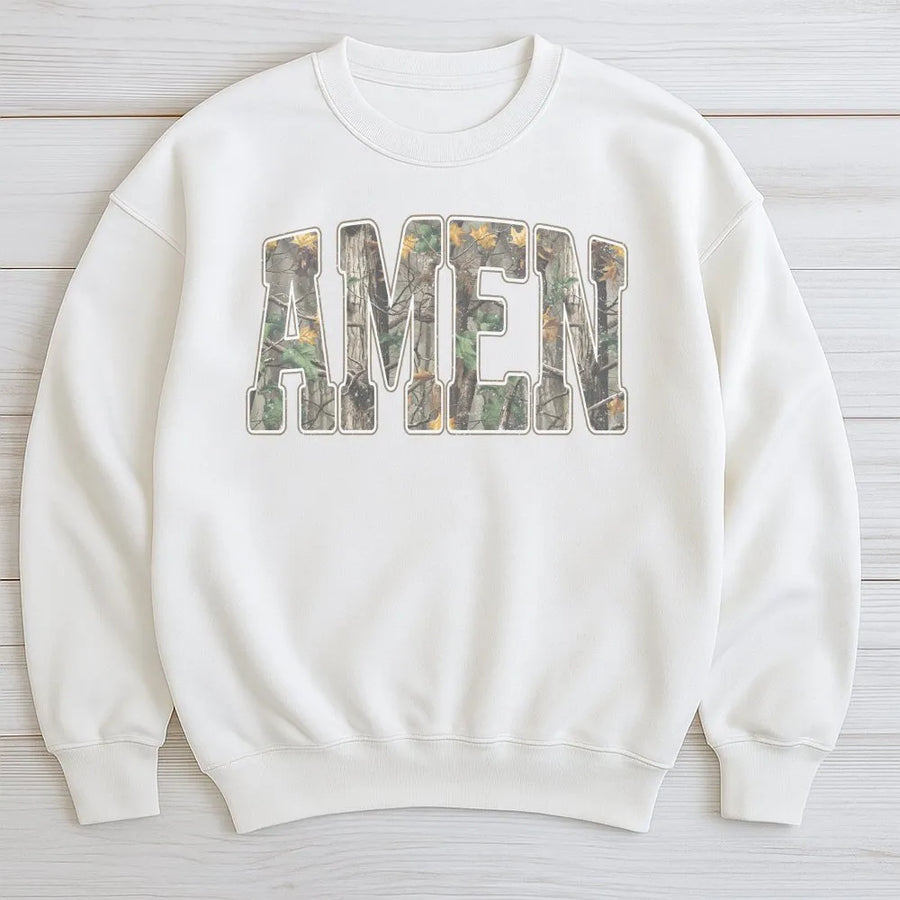 Amen Camo Sweatshirt | Faith-Inspired Woodland Print Design | Premium Cotton-Blend Comfort | Religious Gift for Hunters and Believers