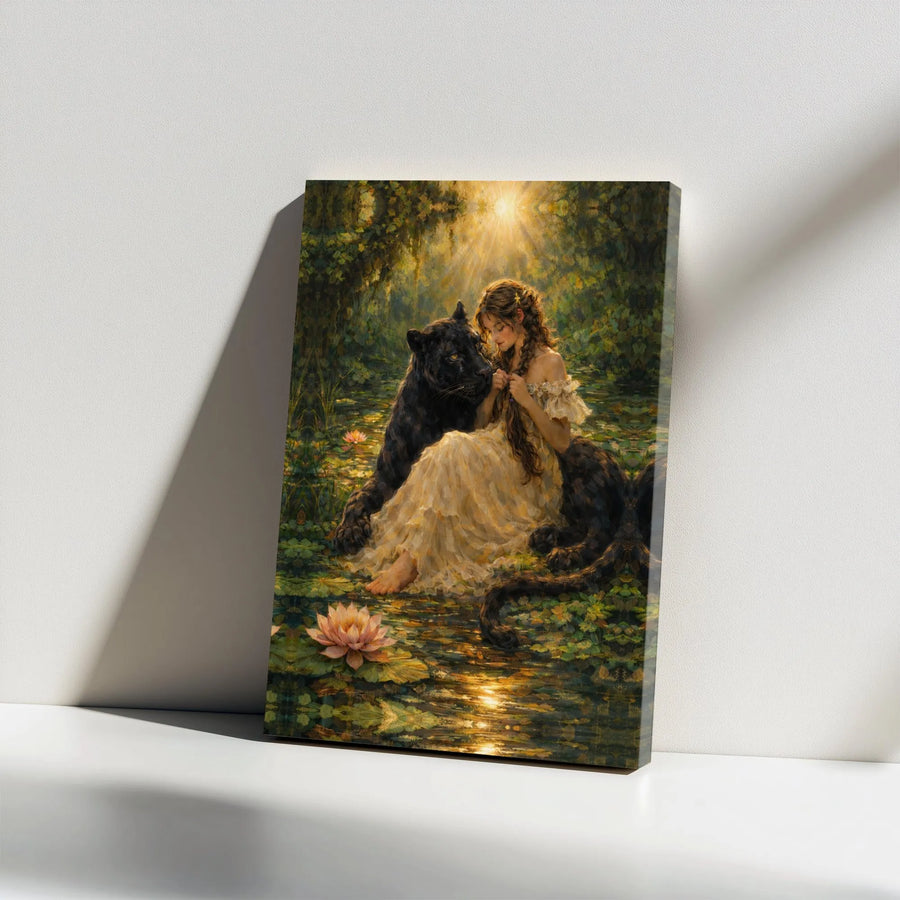 Black Panther and Woman Canvas Art | Enchanted Jungle Scene with Water Lilies | Premium Canvas Print | Collector's Fantasy Home Decor