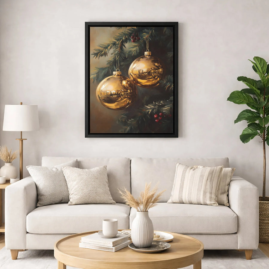 Golden Christmas Ornaments Canvas Wall Art | Vintage Pine Branch Oil Painting Style | Premium 1.25" Gallery Wrap | Festive Holiday Home Decor