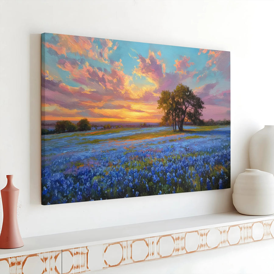 Texas Bluebonnet Field Canvas Wall Art | Impressionist Sunset Landscape Painting | Gallery Wrapped Premium Decor | Nature Lover Living Room Gift