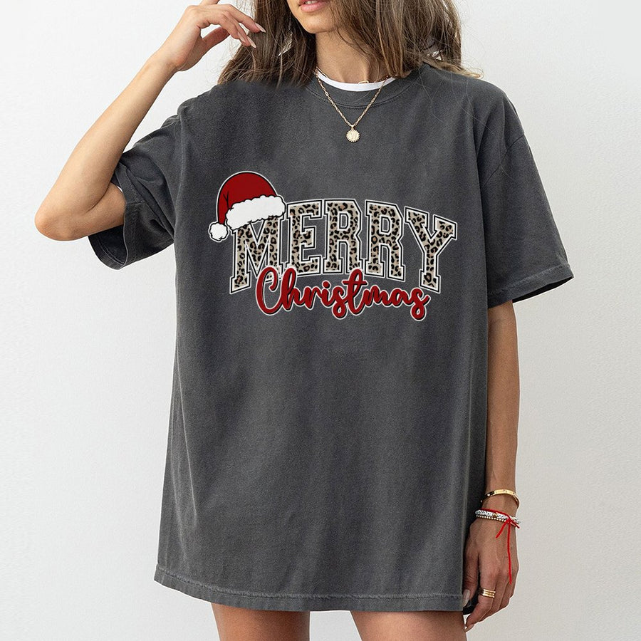 Merry Christmas T-Shirt | Leopard Print Santa Hat Holiday Graphic | 100% Cotton Premium Tee | Festive Gift for Women & Men