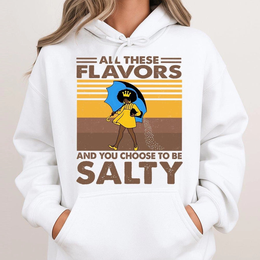 All These Flavors Salty Hoodie | Black Queen Afrocentric Art | Premium Cotton-Blend Graphic Pullover | Gift for Her Black Girl Magic Apparel