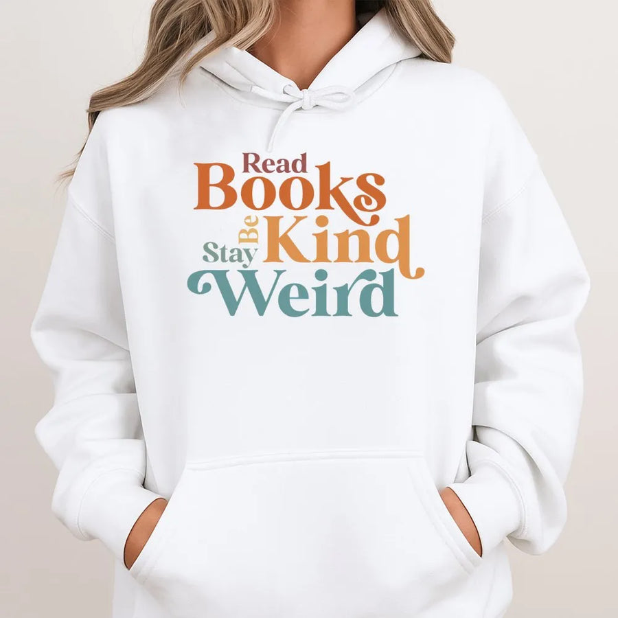Read Books Be Kind Stay Weird Hoodie | Retro Book Lover Graphic Sweatshirt | Premium Cotton-Poly Blend | Gift for Librarian, Teacher, or Bookworm