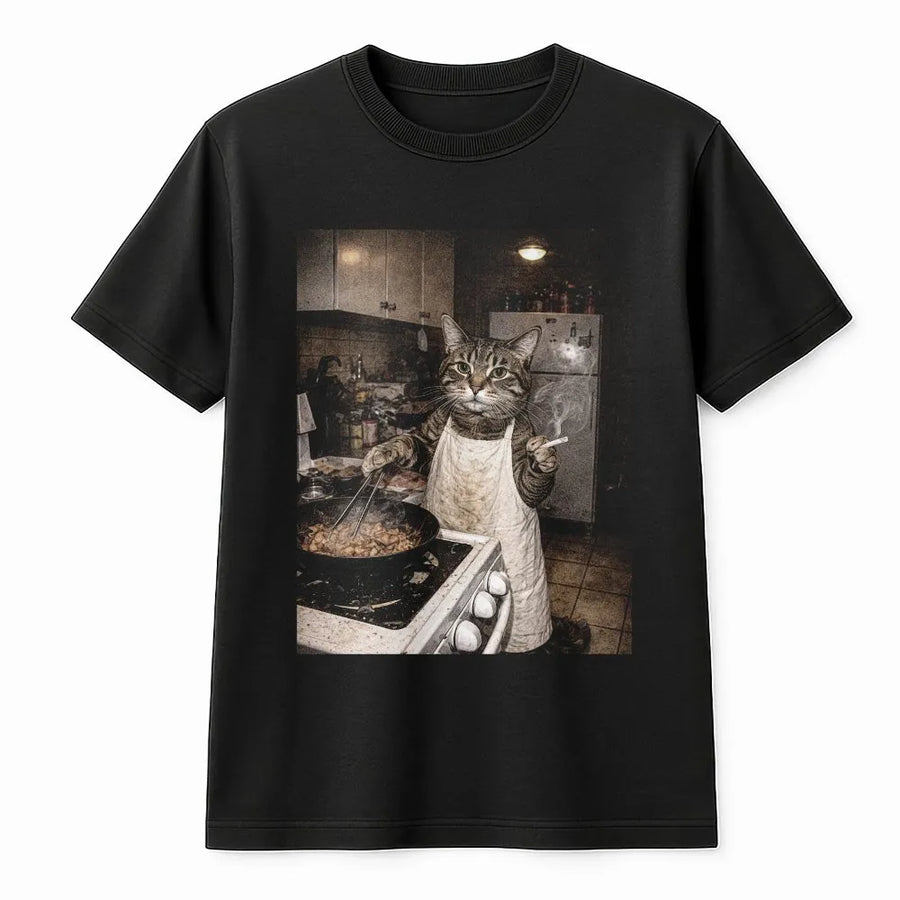 Funny Cat Meme T-Shirt | Retro Cooking Cat Graphic | Soft Unisex Crewneck | Gift for Cat Lovers and Meme Fans