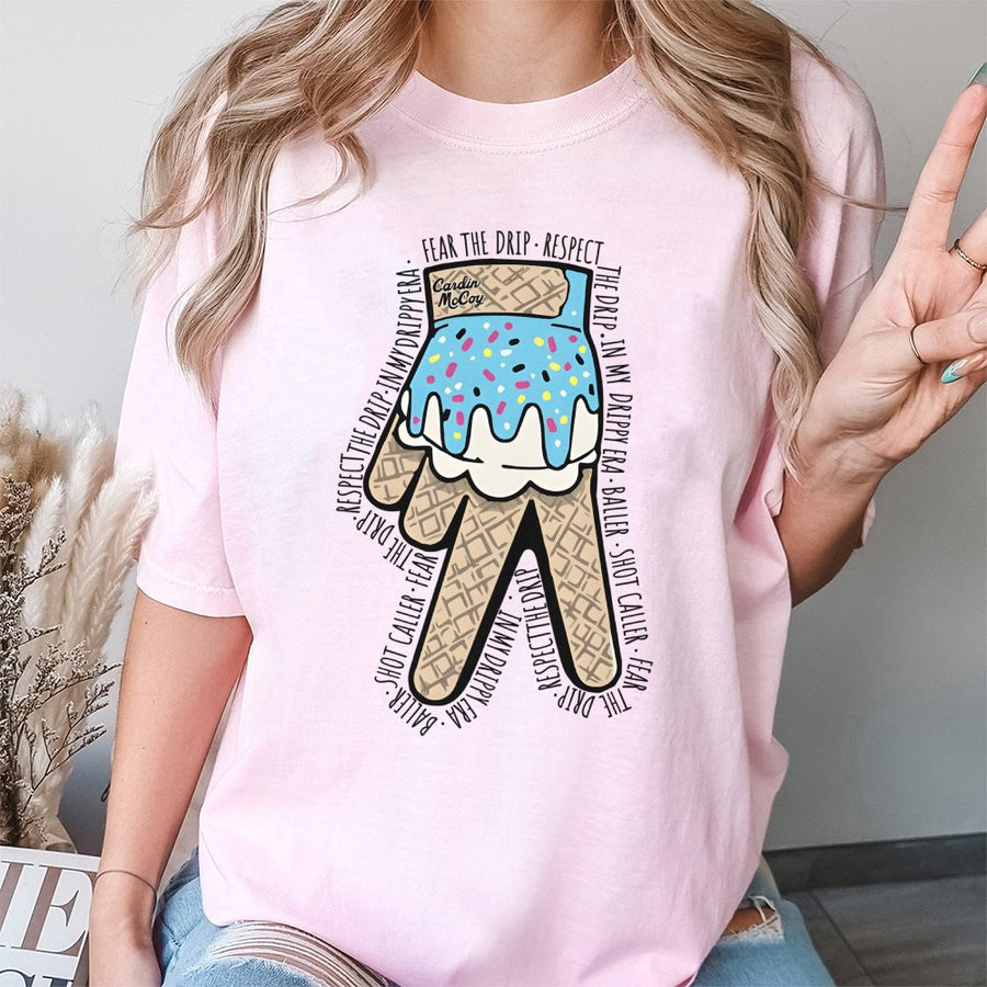 Baseball Drip Glove T-Shirt | Ice Cream Cone Waffle Pattern Graphic | Premium 100% Cotton | Gift for Baseball Players and Ballers