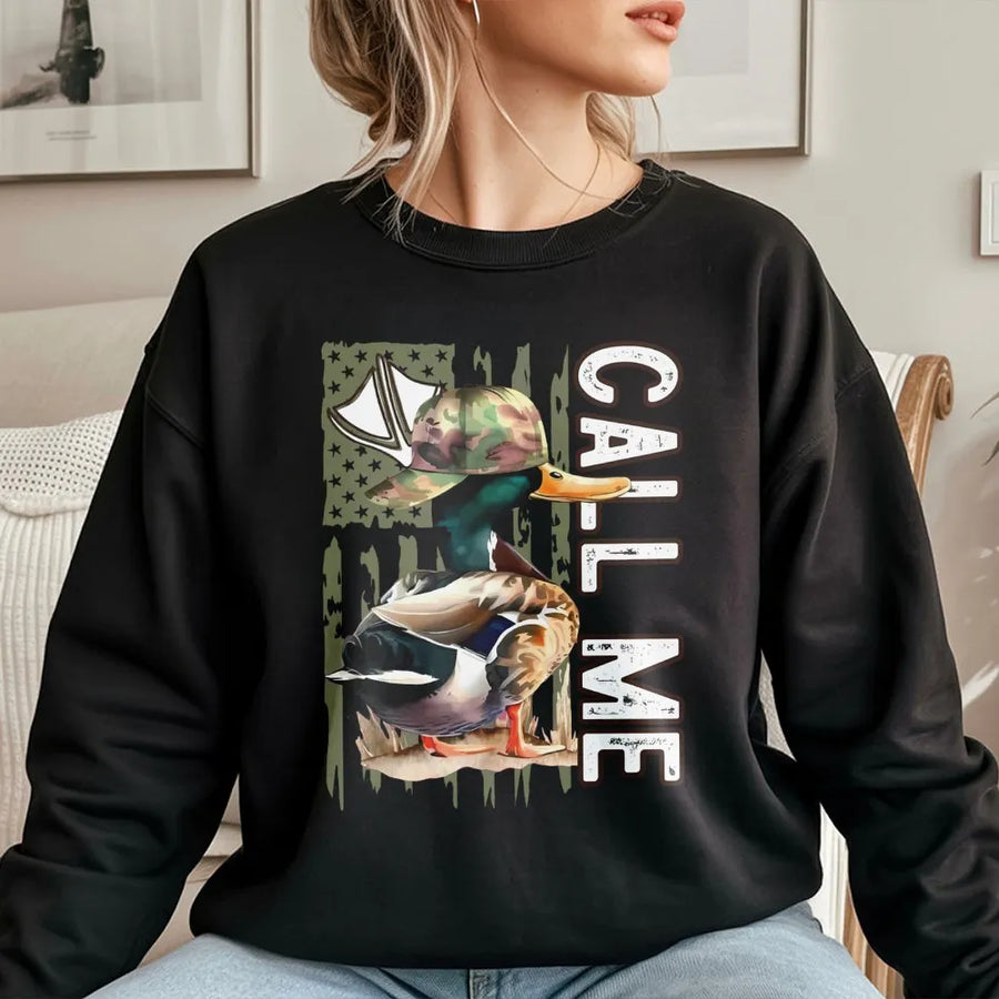 Call Me Duck Hunter Sweatshirt | Patriotic Mallard Camo Hat Graphic | Premium Cotton Blend | Gift For Duck Hunters And Outdoorsmen