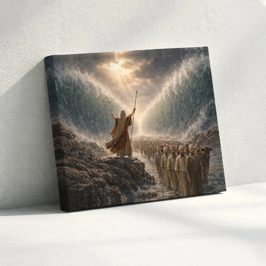 Moses Parting Red Sea Canvas Print | Realistic Biblical Scene Wall Art | Premium Gallery Wrap | Christian Home Decor Gift for Believers
