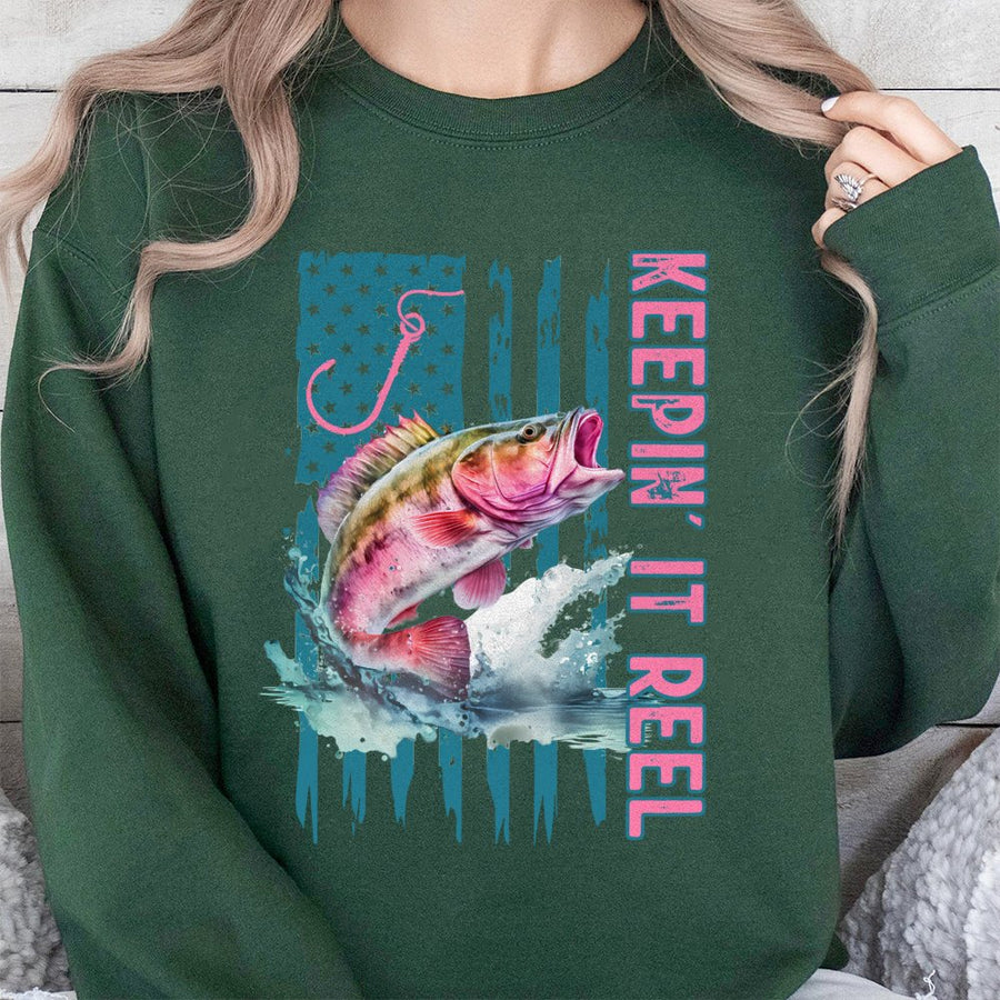 Keepin' It Reel Fishing Sweatshirt | Patriotic Bass Fish Graphic | Premium Cotton-Blend Pullover | Gift for Anglers & Lake Life Enthusiasts