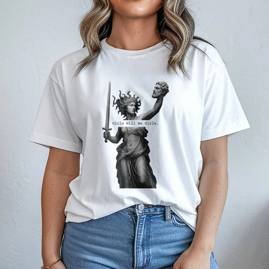 Medusa Feminist T-Shirt | Greek Mythology Art with 'Girls Will Be Girls' Slogan | Premium Cotton-Poly Blend | Empowerment Gift for Women