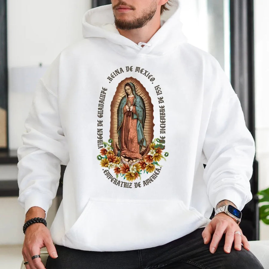 Virgen De Guadalupe Hoodie | Floral Religious Graphic Design | Premium Cotton Blend | Catholic Gift For Women And Men