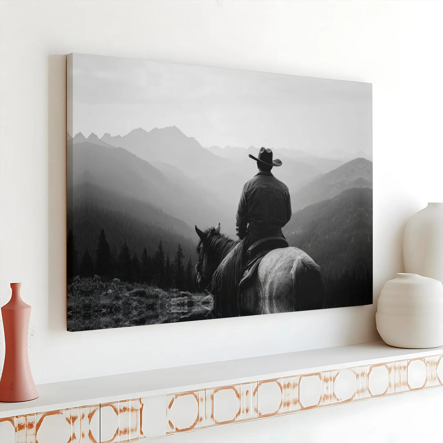 Western Cowboy Wall Art | Black and White Mountain Landscape Canvas | Premium Gallery Wrap Print | Rustic Home Decor Gift for Him