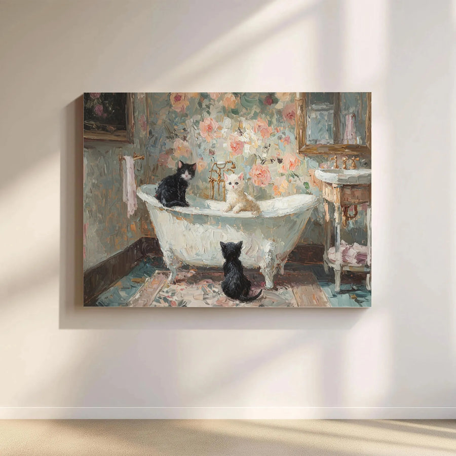 Three Kittens in Clawfoot Bathtub Canvas | Impressionist Floral Cat Art | 1.25 Inch Gallery Wrap | Whimsical Bathroom Wall Decor Gift