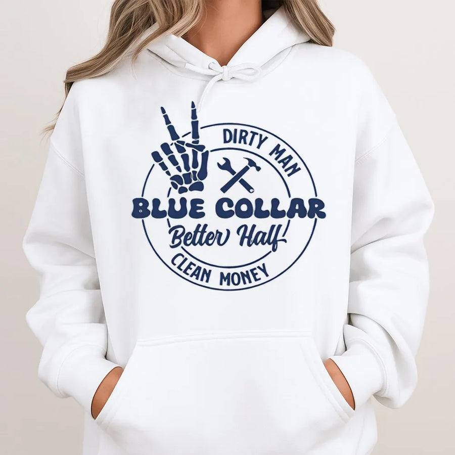 Blue Collar Better Half Hoodie | Skeleton Tool Graphic | Premium Cotton Blend | Funny Gift for Wife of Tradesman