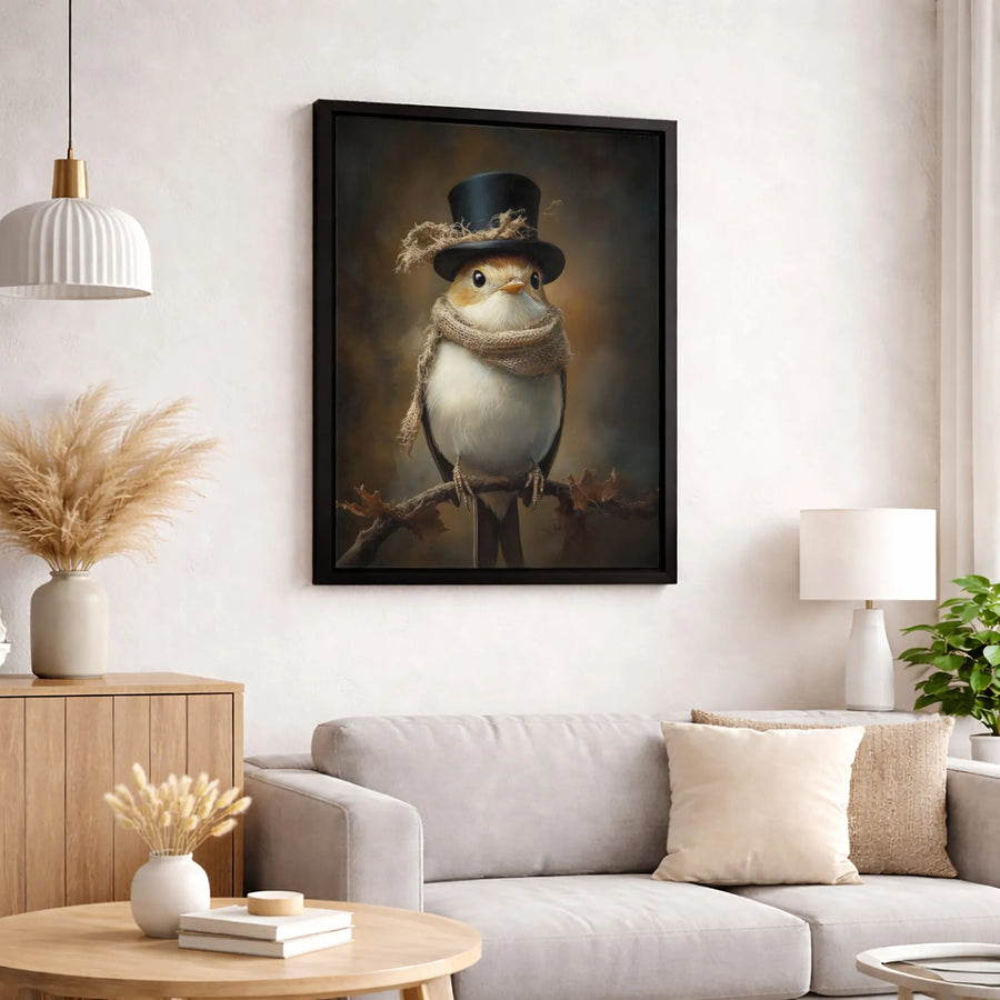 Whimsical Bird Wall Art | Dapper Robin in Top Hat and Scarf | Premium Gallery Wrapped Canvas | Cute Cottagecore Home Decor Gift