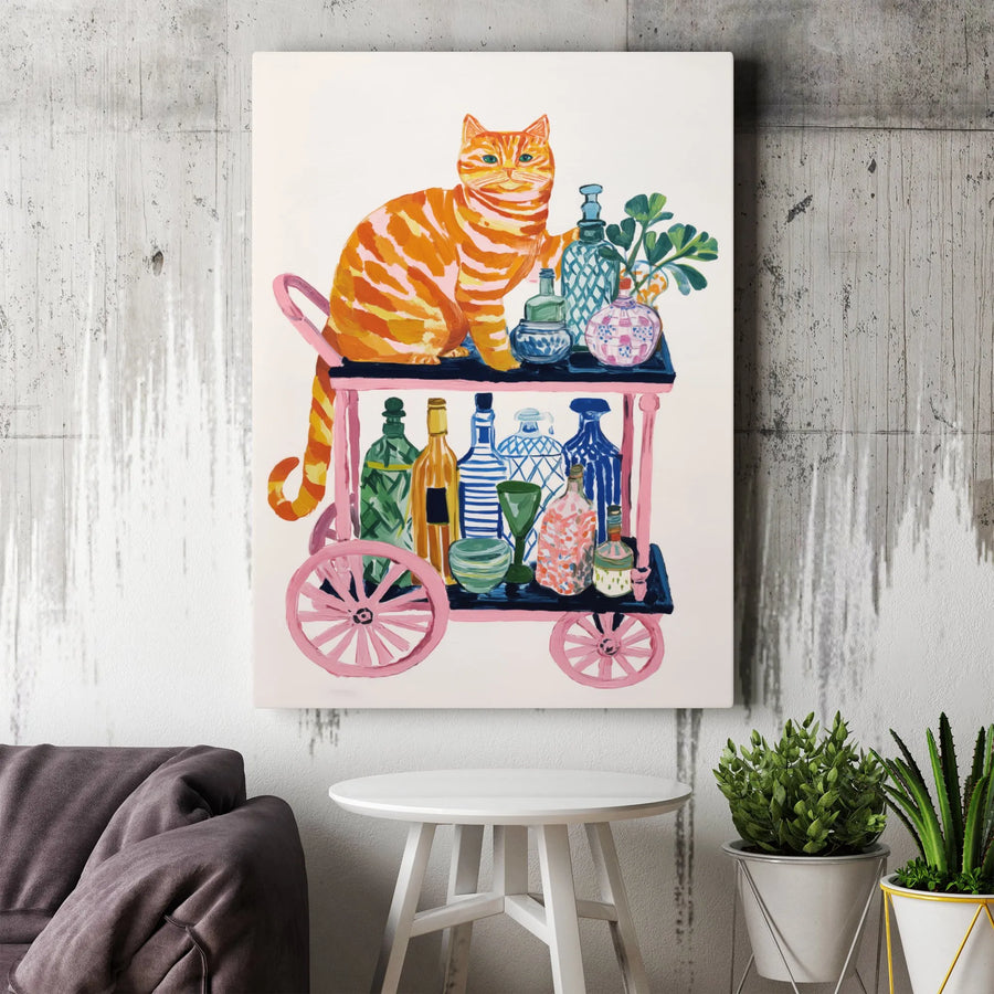 Orange Tabby Cat Wall Art | Whimsical Bar Cart Illustration | Premium Gallery Wrapped Canvas | Colorful Kitchen & Home Decor Gift