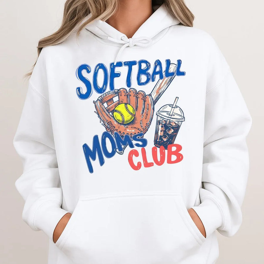 Softball Moms Club Hoodie | Gameday Doodle Graphic Sweatshirt | Cotton-Polyester Blend | Trendy Sports Mom Gift for Baseball Season