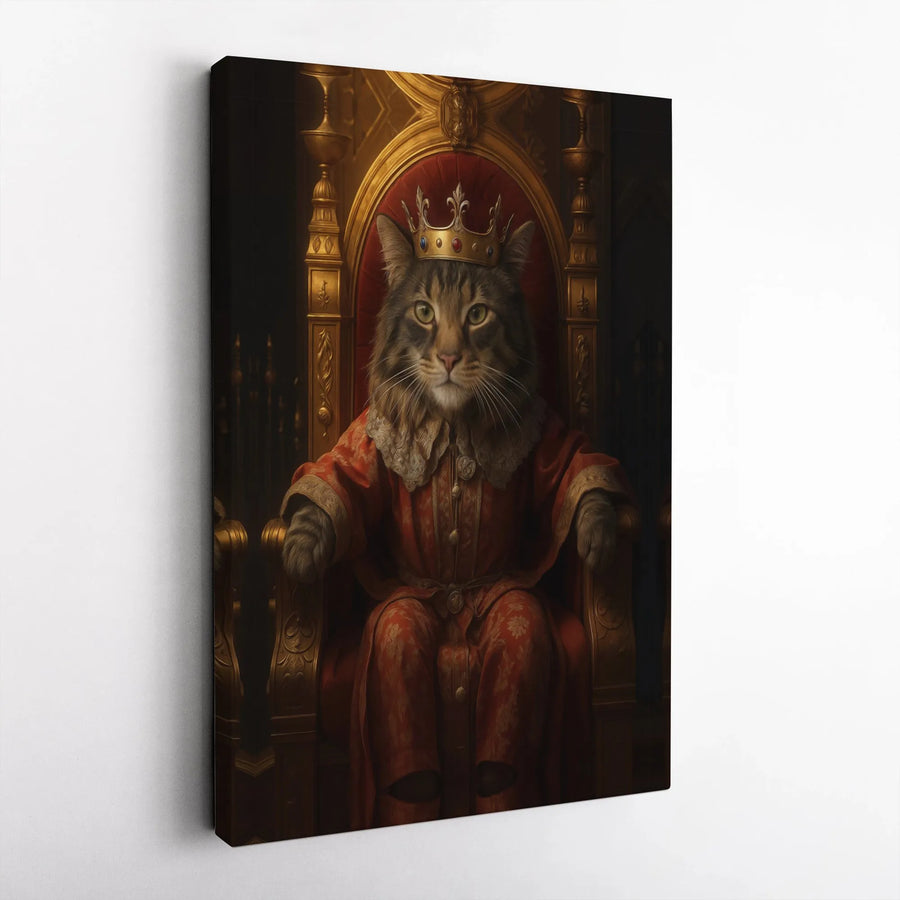 Regal Cat Portrait Canvas Wall Art | Royal King Cat with Crown on Throne | Gallery-Quality 1.25 Inch Profile | Unique Pet Lover Gift Decor