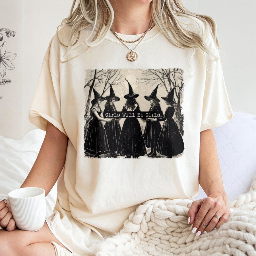 Girls Will Be Girls Witch T-Shirt | Vintage Boho Aesthetic Graphic | 100% Cotton Premium Tee | Occult Gothic Gift For Women