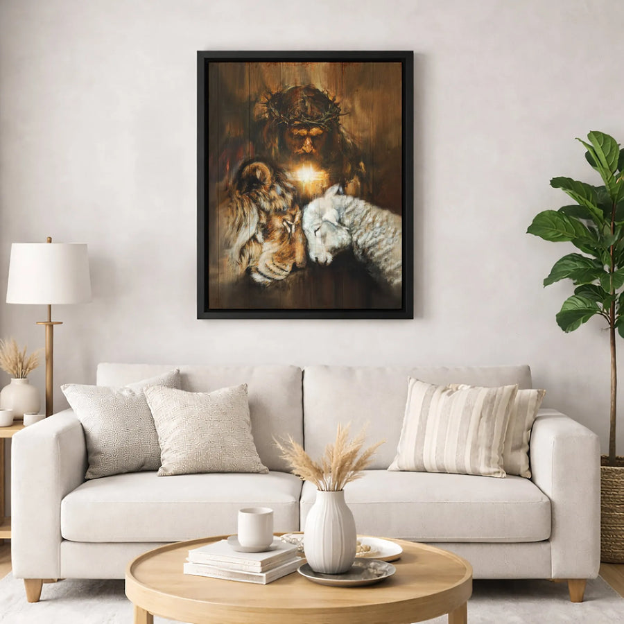 Jesus With Lion And Lamb Canvas Wall Art | Religious Oil Painting Style | Premium Gallery Wrap 1.25" Profile | Christian Home Decor Gift