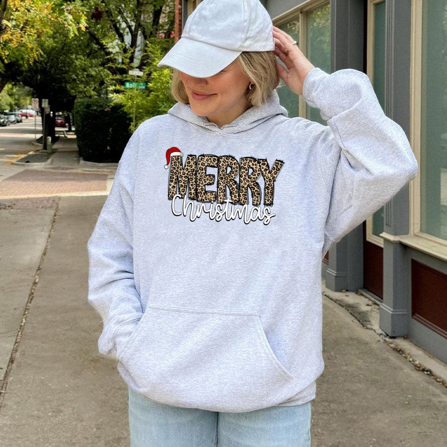 Merry Christmas Hoodie | Leopard Print Festive Letters | Cotton Blend Premium Pullover | Gift for Women & Men Holiday Outfit