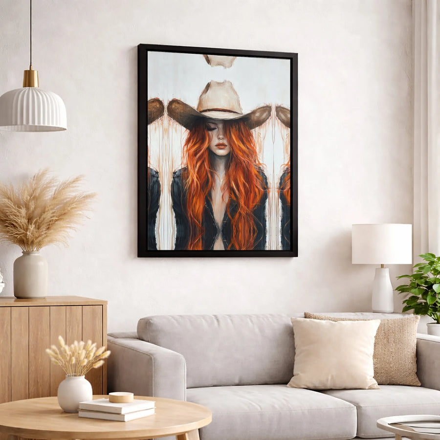 Western Cowgirl Canvas Wall Art | Abstract Redhead Cowboy Hat Portrait | Premium 1.25" Gallery Wrap | Modern Home Decor Gift