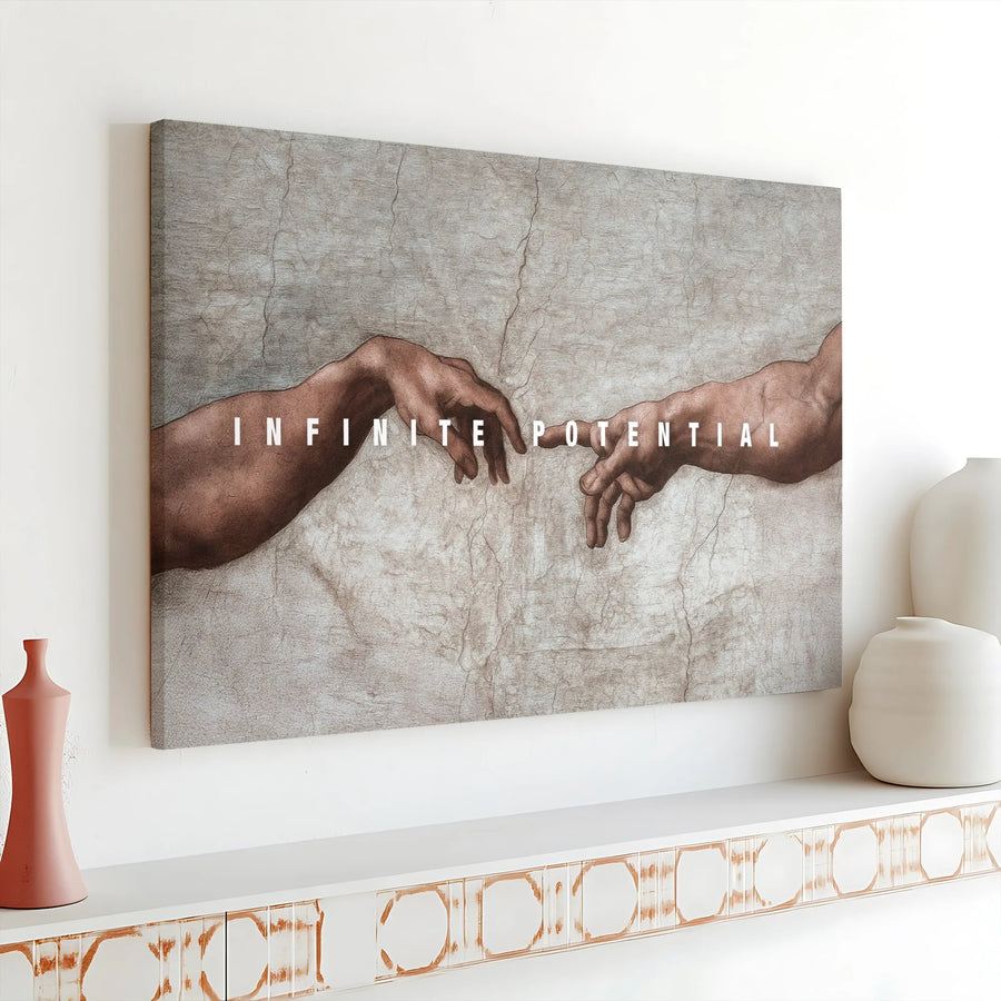 Creation Of Adam Canvas Wall Art | Infinite Potential Motivational Quote | Premium Gallery Wrapped Print | Inspirational Office Decor