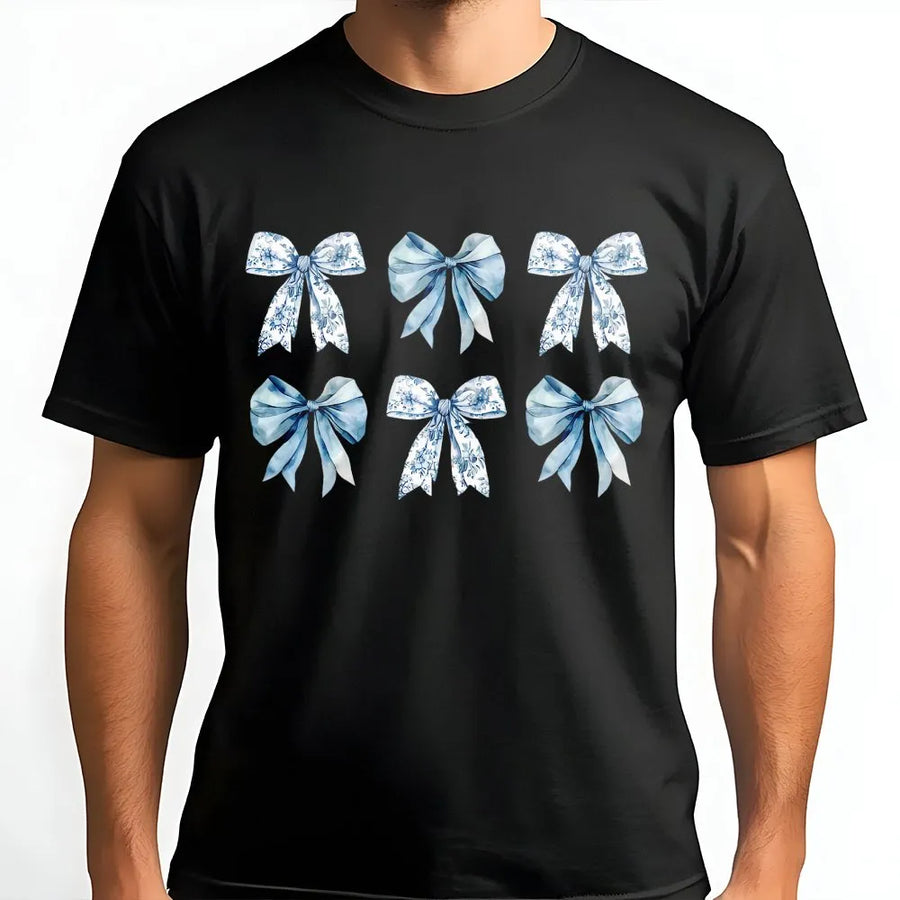 Toile Bow T-Shirt | Blue Ribbon Coquette Aesthetic Graphic Tee | 100% Cotton Premium Comfort | Trendy Gift For Her