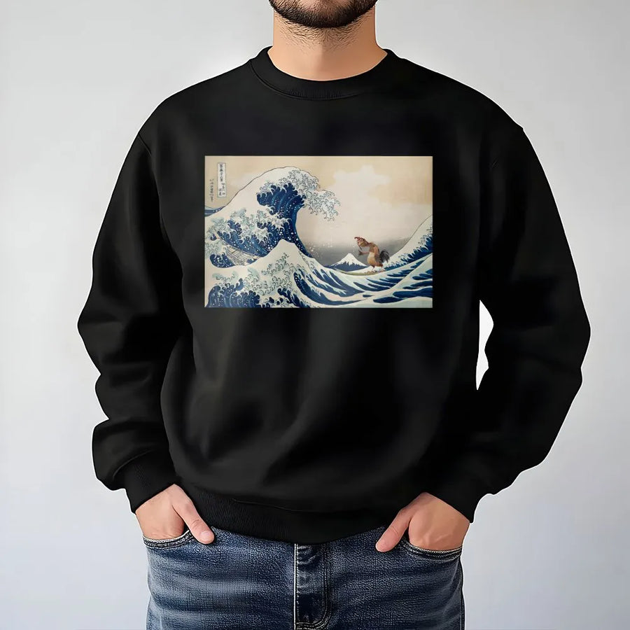 Surfing Chicken Sweatshirt | Great Wave Off Kanagawa Parody | Cotton Blend Cozy Crewneck | Funny Animal Surf Gift for Surfers and Art Lovers