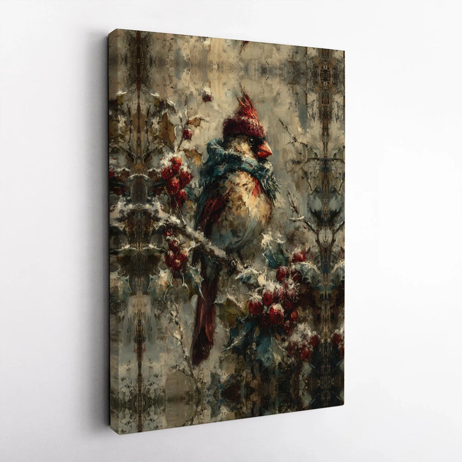 Winter Cardinal Canvas Wall Art | Whimsical Bird in Scarf Painting | 1.25” Gallery Wrap Premium Print | Cozy Holiday Home Decor Gift