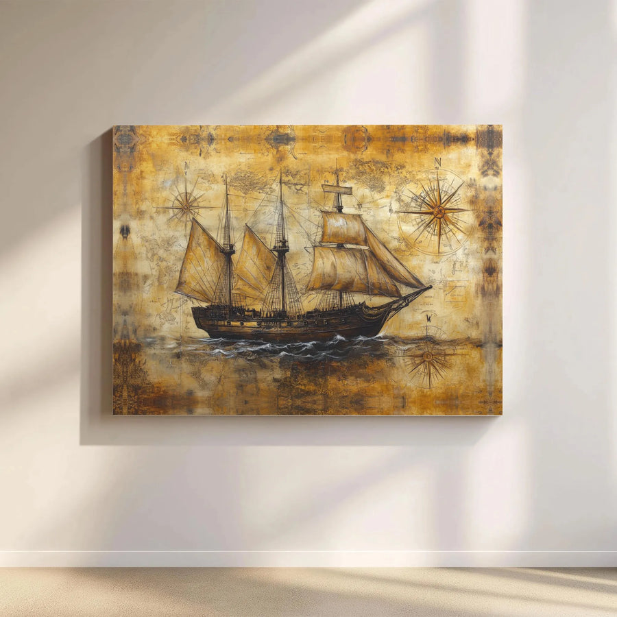 Nautical Sailing Ship Canvas Wall Art | Vintage Old World Map & Compass Design | Premium 1.25 Inch Gallery Wrap | Coastal Home Decor Gift