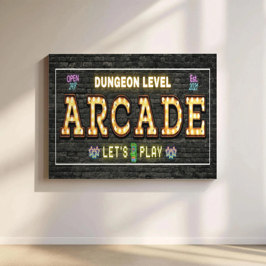 Arcade Wall Art Canvas | Retro Marquee Neon Game Room Sign | Premium Gallery Wrap Decor | Gift for Gamers & Man Cave Decor