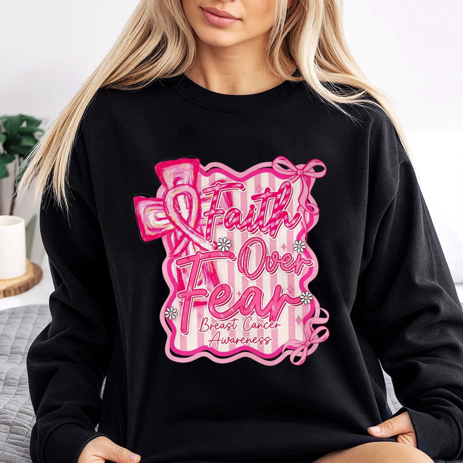Faith Over Fear Sweatshirt | Preppy Breast Cancer Awareness Ribbon Cross | Soft Cotton Blend Graphic Pullover | Gift for Survivor Warrior