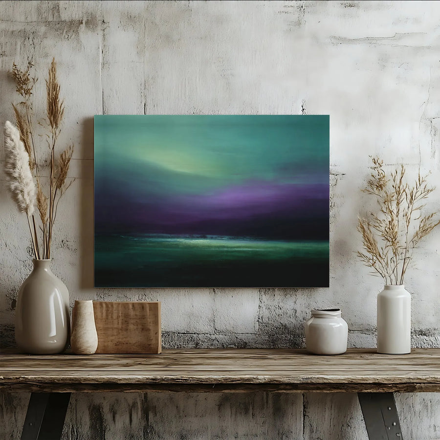 Abstract Northern Lights Canvas | Moody Teal Purple Landscape Wall Art | Gallery Quality 1.25" Framed Print | Modern Minimalist Home Decor Gift