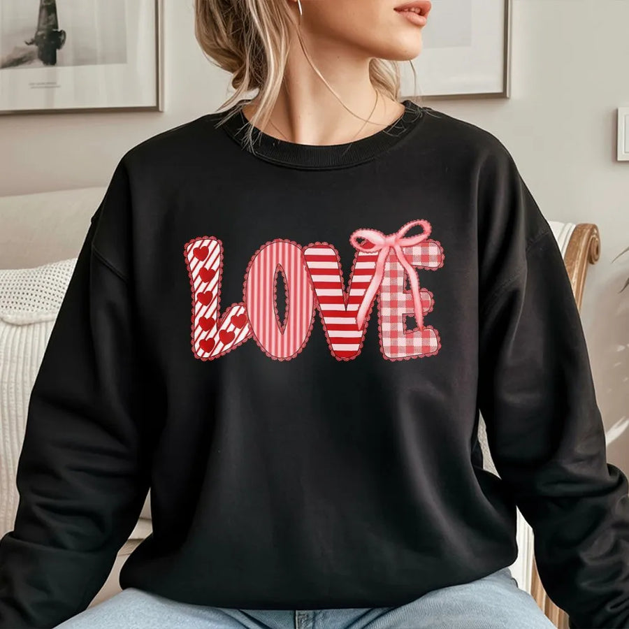 Love Valentine Sweatshirt | Patchwork Heart Gingham Bow Graphic | Premium Soft Cotton Blend | Romantic Gift for Her & Couples