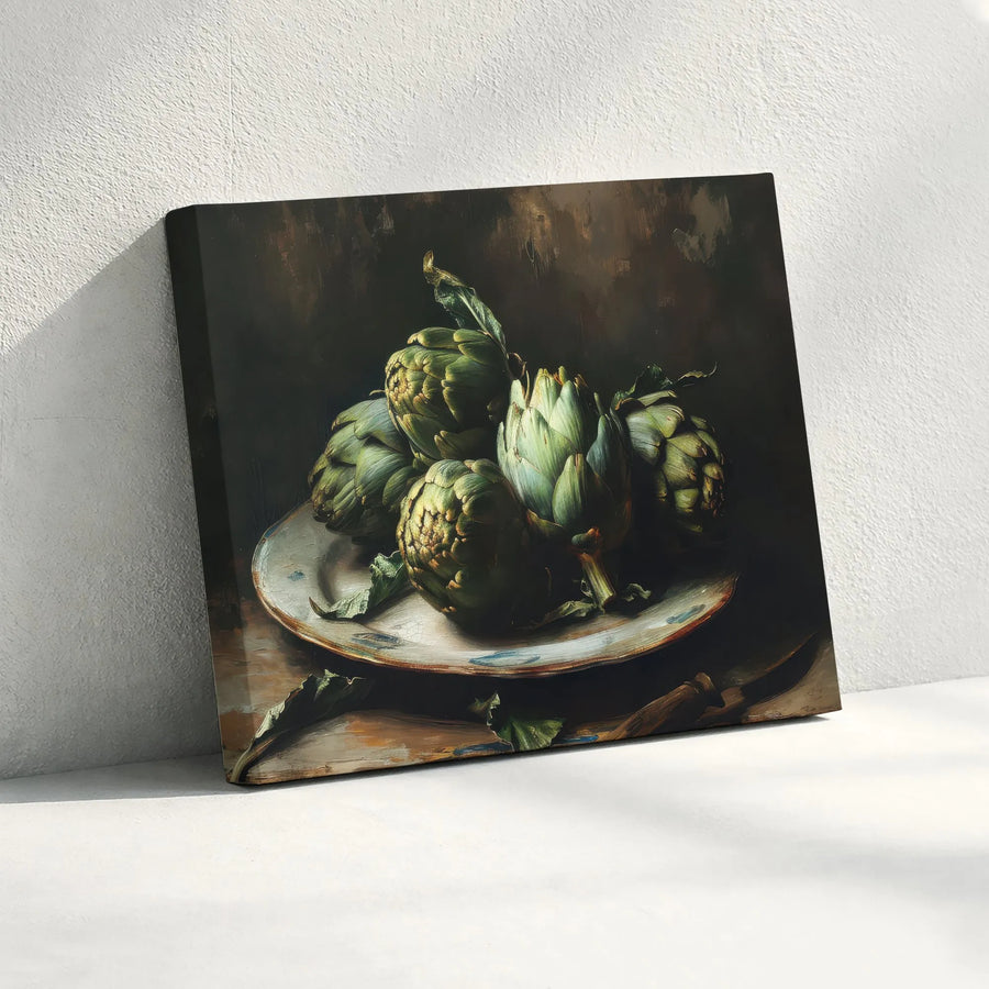 Artichoke Still Life Canvas Print | Vintage Oil Painting Style Kitchen Decor | Gallery-Wrapped Premium Canvas | Rustic Food Art for Dining Room