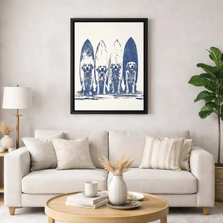 Golden Retriever Surfboard Art | Blue Linocut Style Beach Decor | Premium Gallery Wrap Canvas | Coastal Dog Lover Gift for Home Office