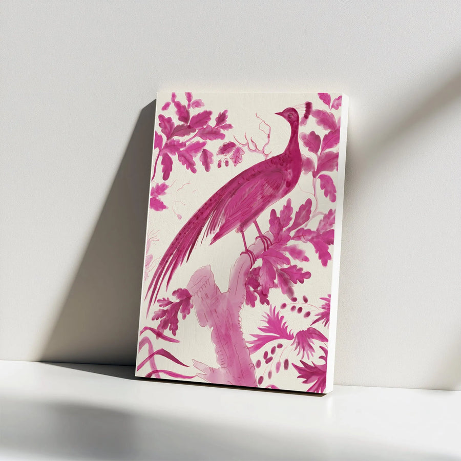Pink Chinoiserie Bird Vertical Canvas | Elegant Watercolor Wall Art | Premium Gallery Wrapped Print | Modern Minimalist Home Decor Gift