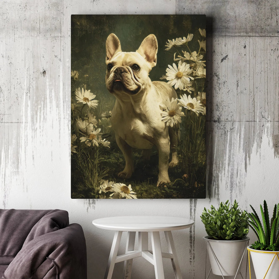 French Bulldog Canvas Wall Art | Vintage Floral Daisy Painting | Premium Gallery Wrap Print | Dog Lover Home Decor Gift