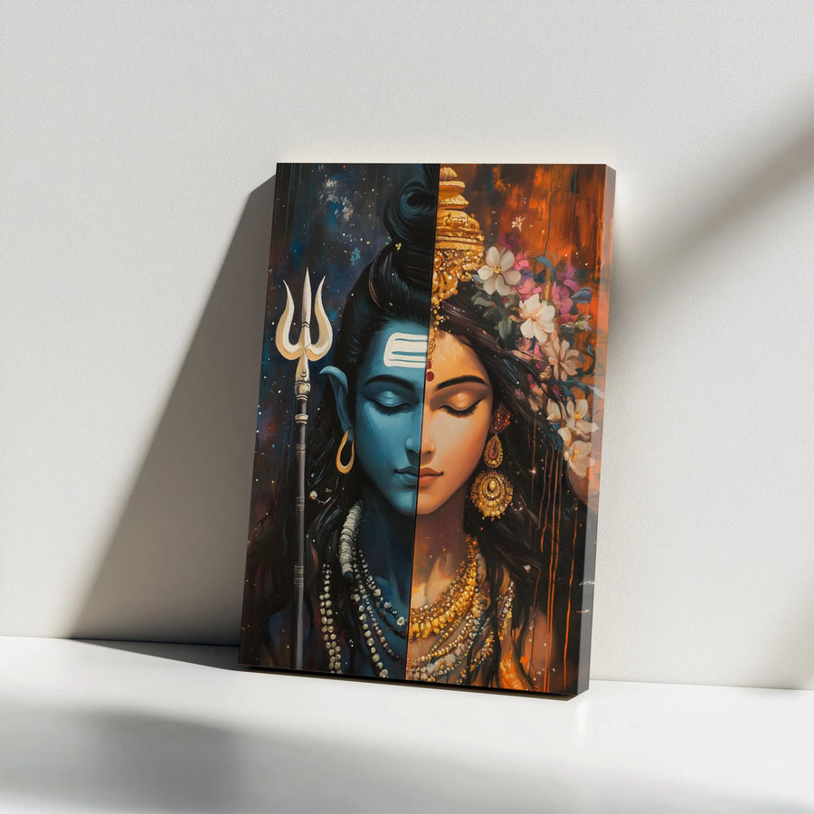 Ardhanarishvara Canvas Wall Art | Lord Shiva and Parvati Split Face Design | Premium Gallery-Wrapped Print | Spiritual Home Decor Gift